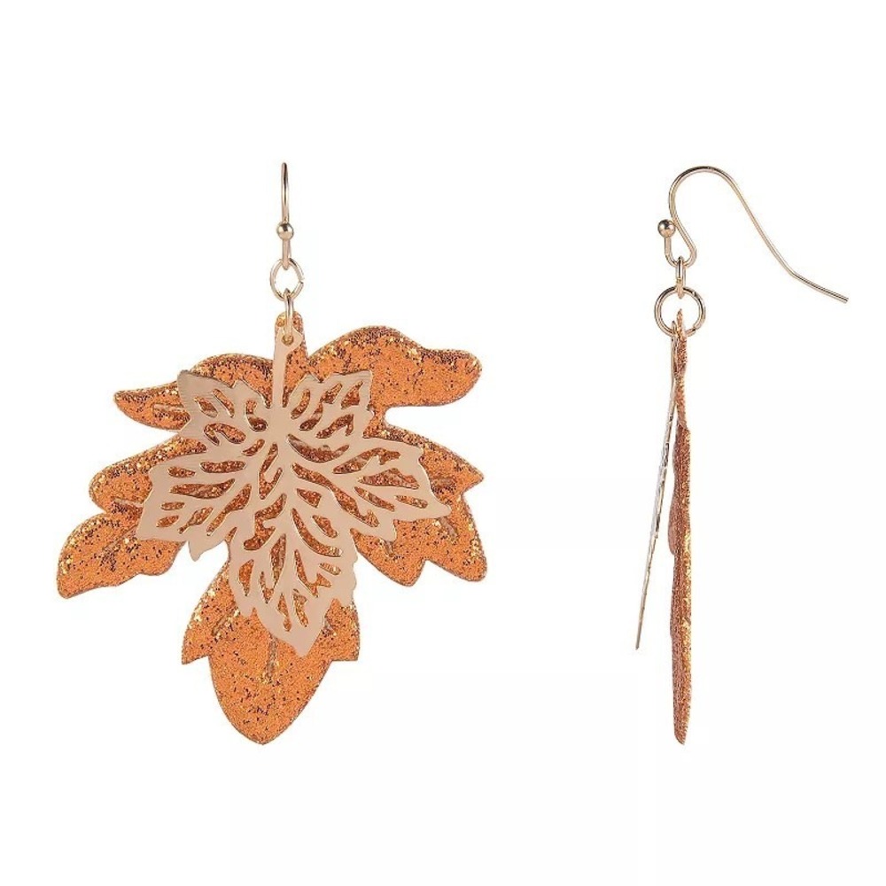 Fall Maple Leaf Drop Earrings Copper Glitter Filigree Overlay Orange Gold Tone